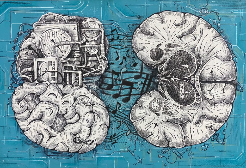 Two brain hemispheres drawn in gray and connected by musical notes. Blue background. 