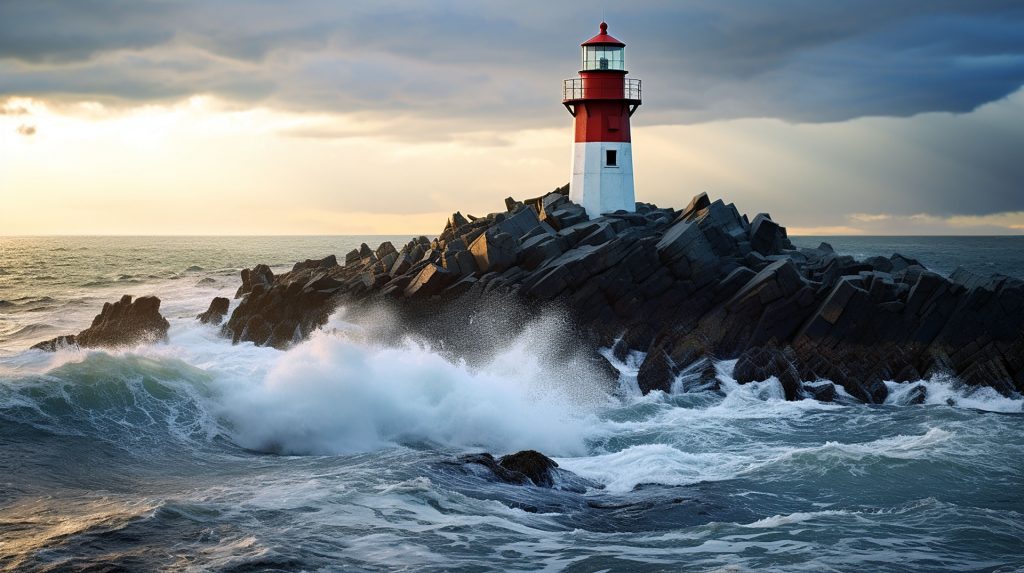Red and white lighthouse on a pile of jagged rocks in a white capped ocean on a cloudy day. 