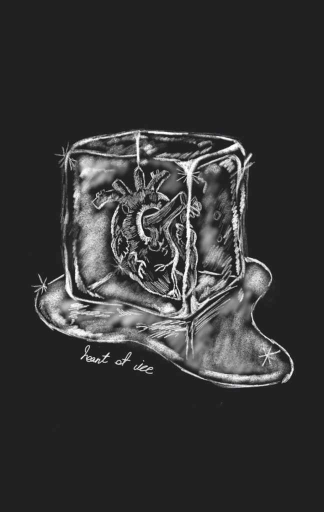 Stylized white chalk drawing of a medically accurate heart inside an ice cube. Black background.