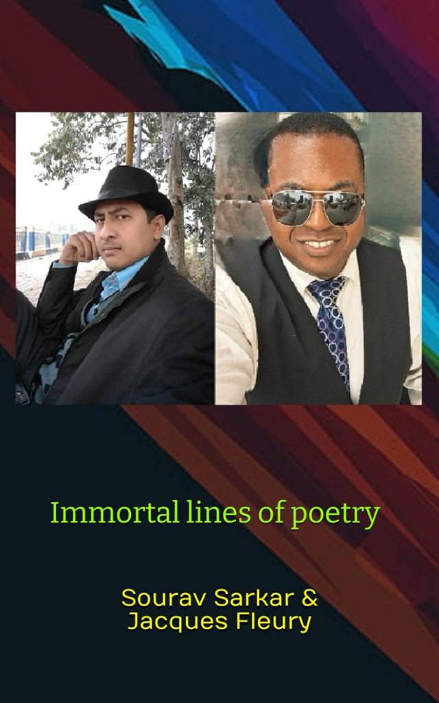Book cover for "Immortal Lines of Poetry." Pictures of a young middle aged South Asian man in a black coat and blue top and black hat outside by a tree and a Black man in a black vest and white shirt and patterned tie and dark sunglasses. Text on the bottom, dark colored cover. 