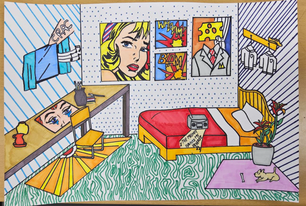 Red, yellow, and dotted white bedroom of artist Roy Lichtenstein. Posters with faces on the wall, artists' table with pencils and an unfinished drawing, bed with a boom box, plant and dog with a bone and some tiny clothes hanging. Window with music coming in with little black notes. 