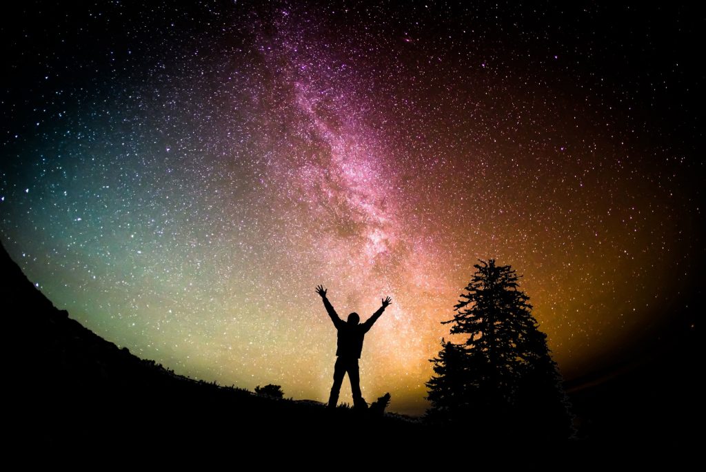 Silhouetted person raising their hands to the northern lights in pink and purple and orange and blue and green up against the Milky Way. Tree in the background. 