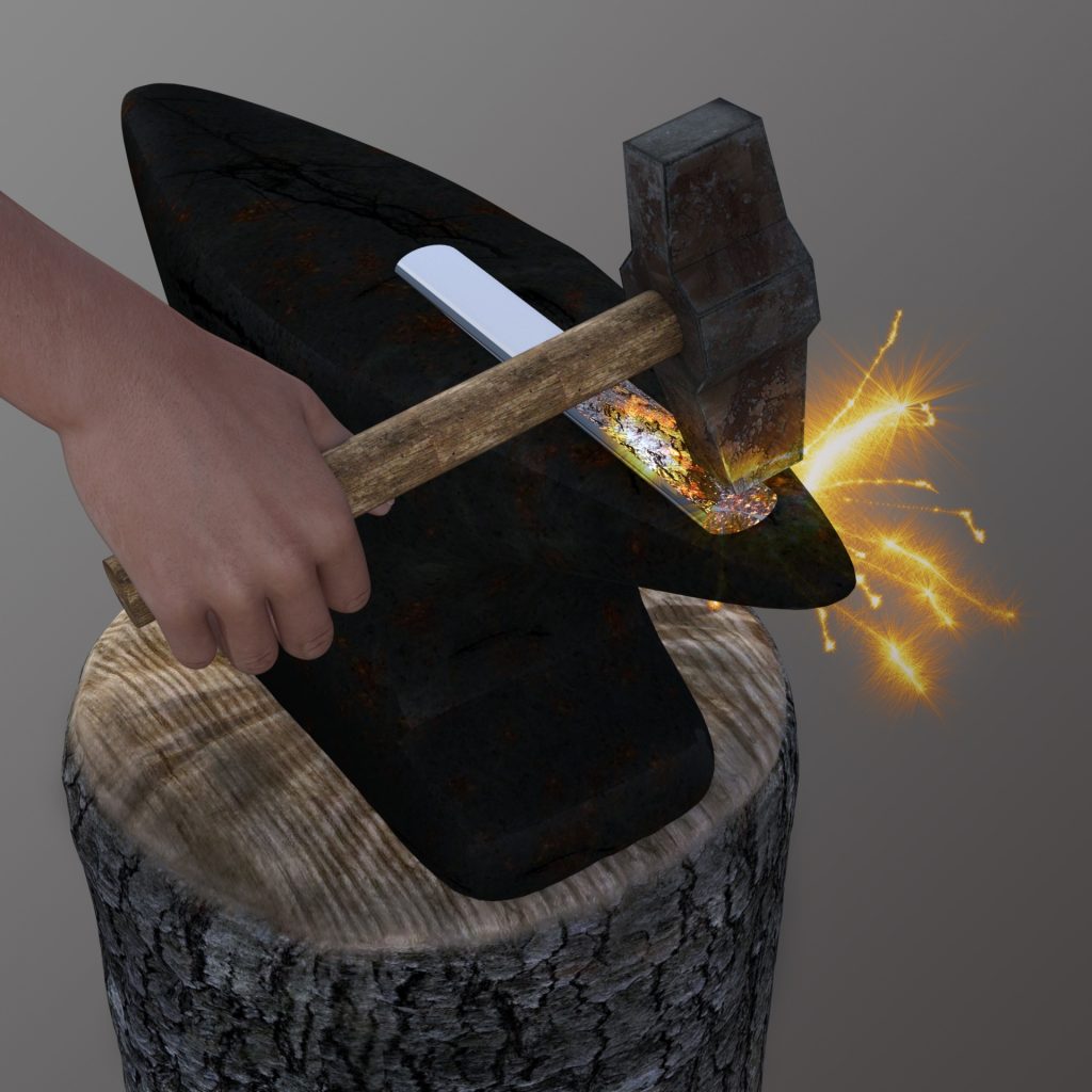 Person striking a piece of metal with a hammer and creating sparks. 