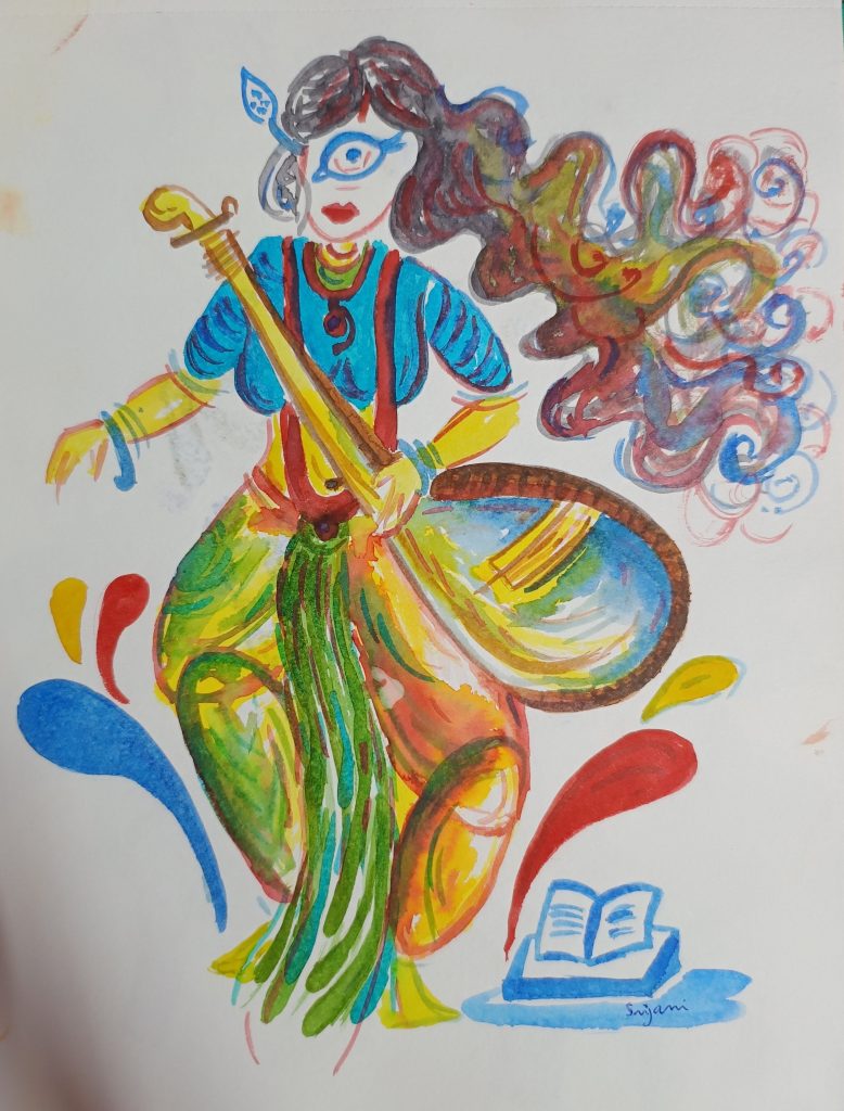 Woman with a single blue eye and a musical instrument and a blue, green, and red dress and long dark curly hair. 