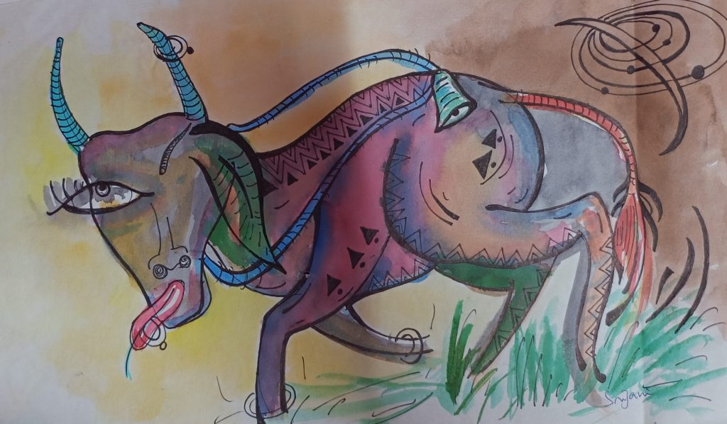 Bull in deep purple, profiled from the left, running. 