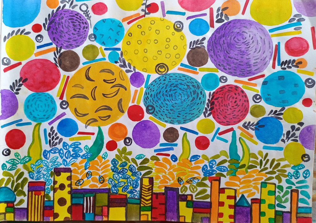 Yellow and red and purple dots in the sky with figures dancing below them. 