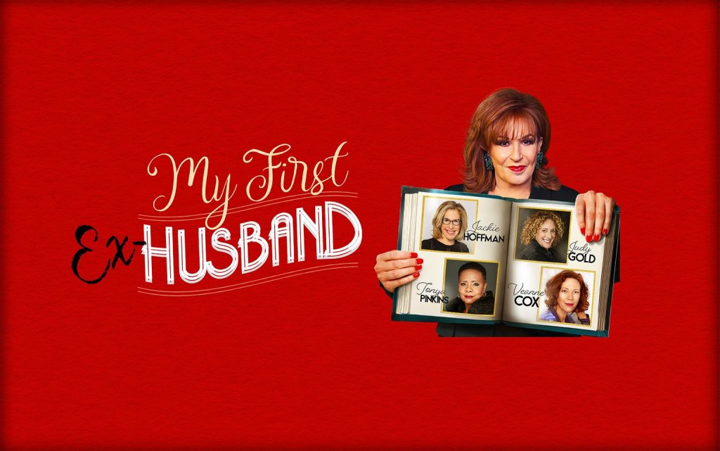 Woman with light skin and curly dark hair holds open a photo album with the rest of the cast of her play, "My First Ex-Husband."