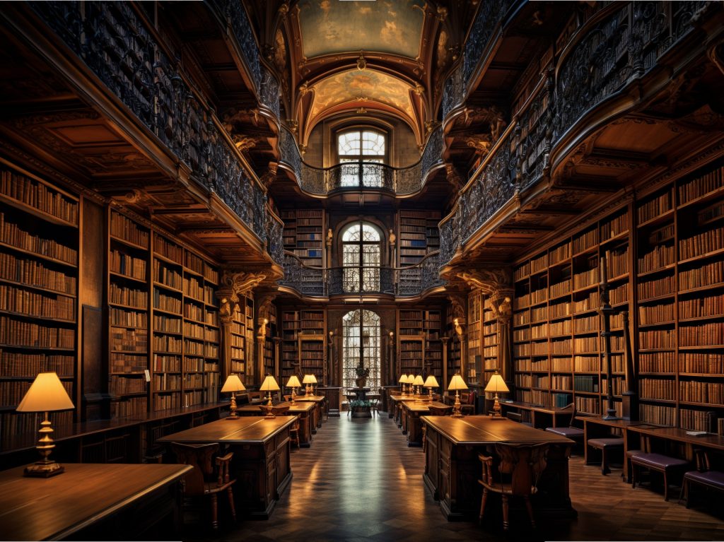 Old library warmed by incandescent lamplight with multiple floors of books.