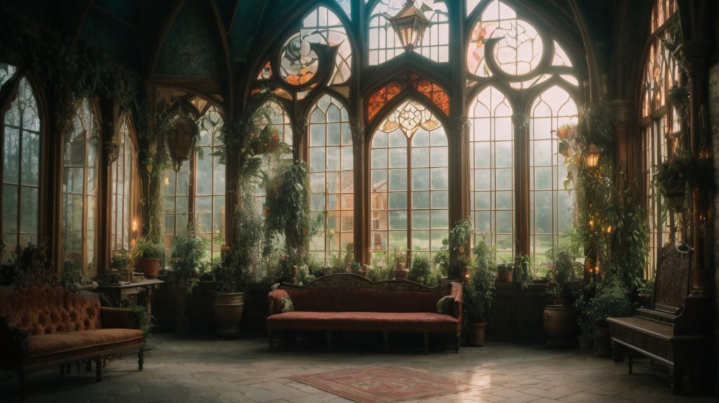 Large sunlit medieval stained glass greenhouse with green plants and chairs and a piano.