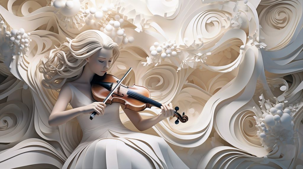Stylized image that looks like strips of white paper of a woman with flowing hair in a white dress playing the violin surrounded by white flowers.