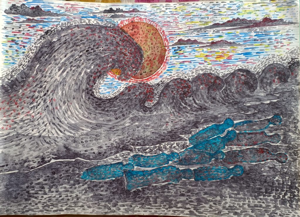 Gray ocean wave nearly obscuring the red and orange distant sun. 