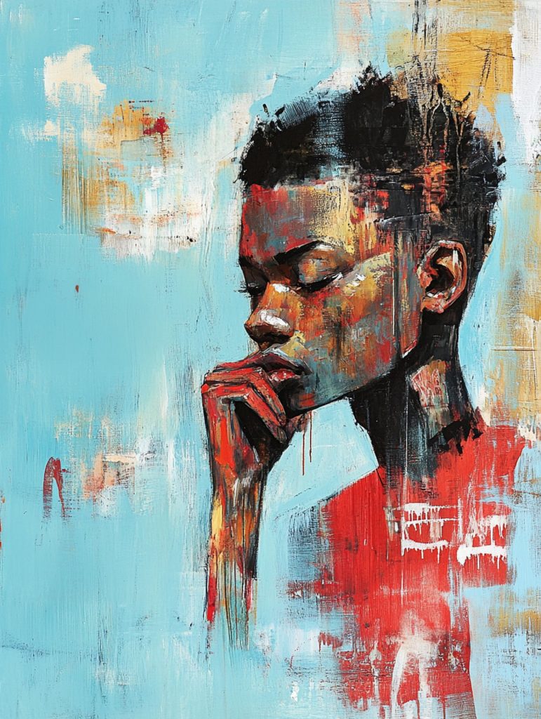 Black woman in a painting, with short hair and her head on her hand, in a red tee shirt, lost in thought. Blue background.