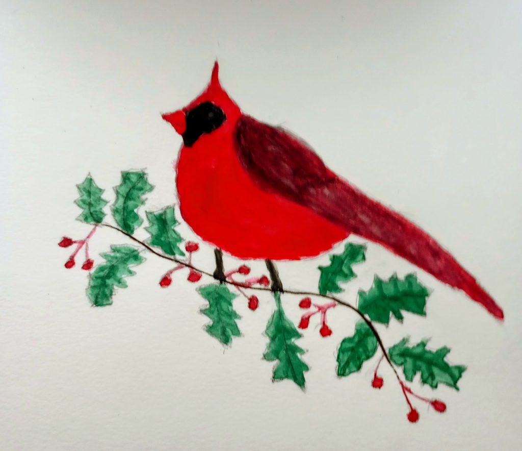 Childlike drawing of a red cardinal bird on a holly vine with green leaves and red berries.