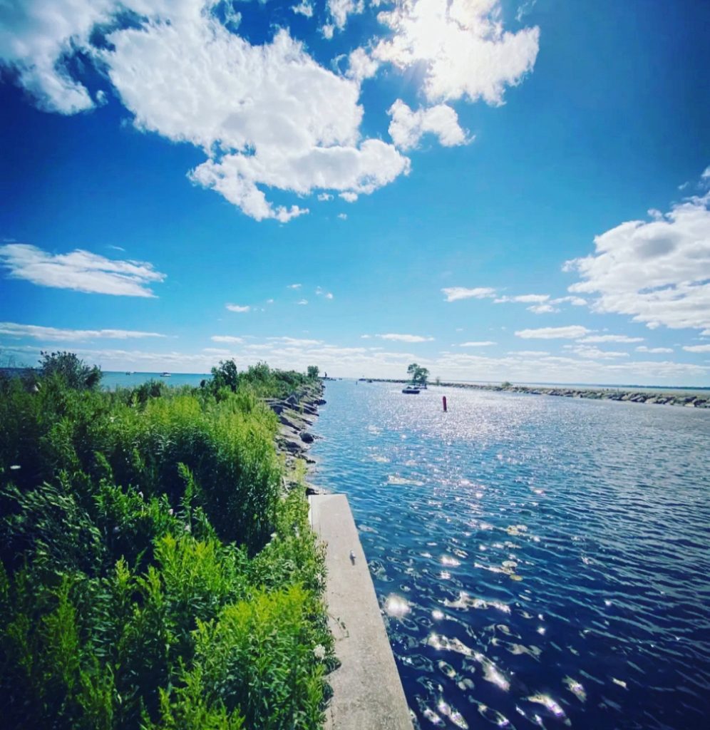 Water in a lake under some white clouds on a bright sunny day. Green bushes and rocks. 