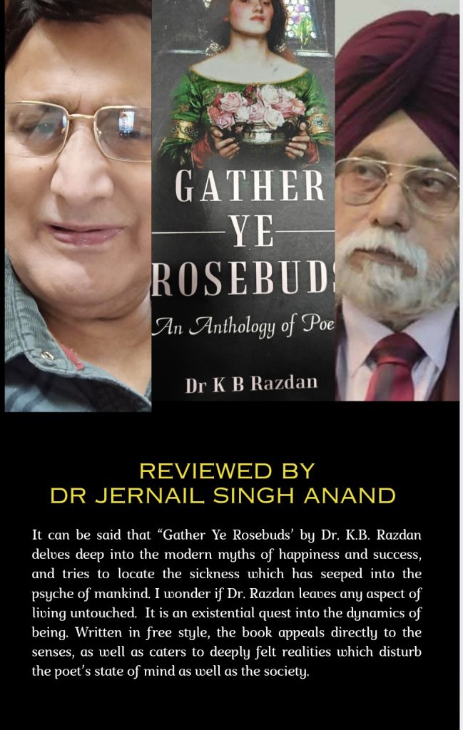 Photo of Dr. Jernail Singh (older Indian man with a turban and purple tie and reading glasses) next to the book cover with a woman holding a vase of roses, with Dr. KB Razdan, a younger South Asian man with reading glasses, dark hair, and a jean jacket. 