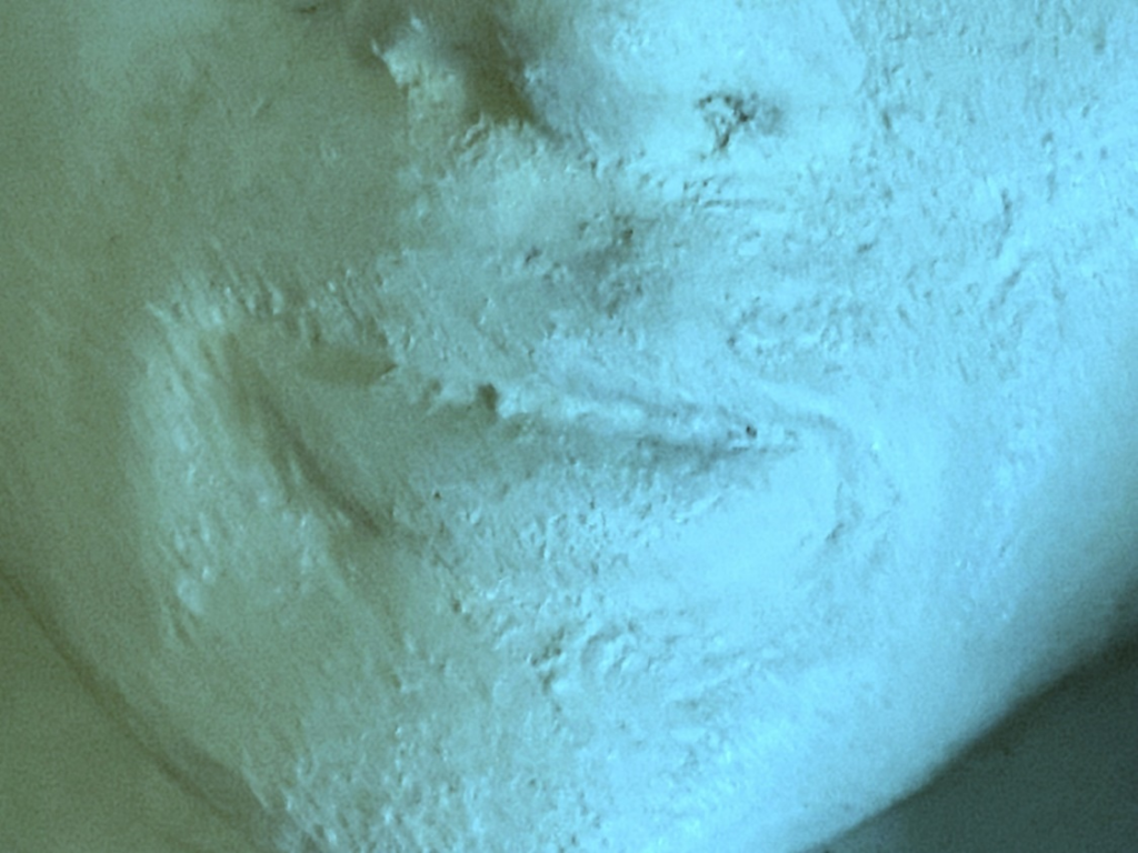 Close-up image of a clay sculpture of a human face. Each photo here is of a face from a slightly different angle, close up near the mouth.
