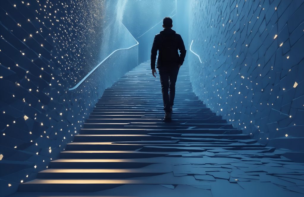 Silhouette of a person walking up stylized light blue stone stairs. They look smooth, concrete or marble, with specks of light on the walls. 