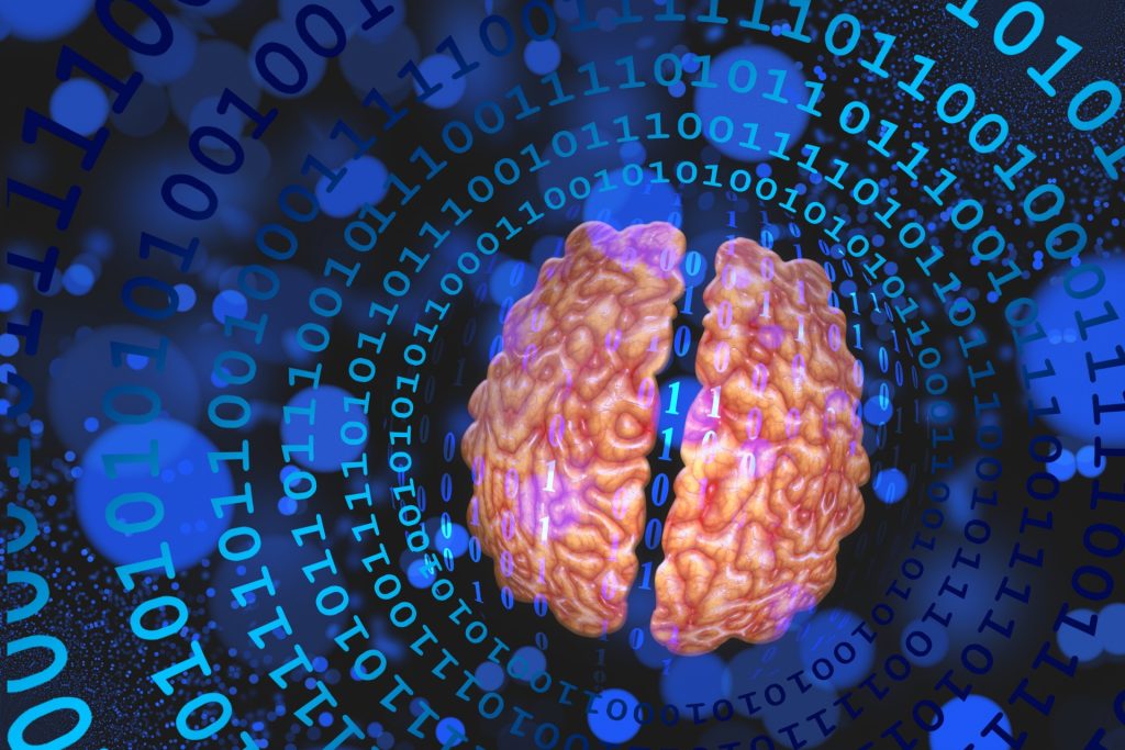Stylized image of a pink human brain surrounded by light blue spheres on a dark blue background, overlaid with light blue ones and zeroes (binary code) 