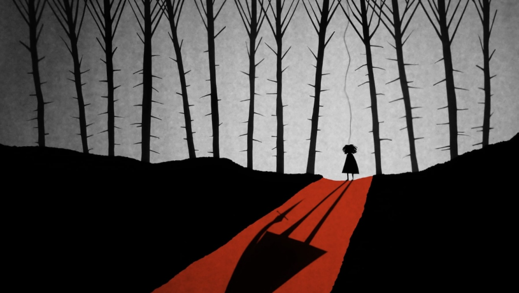 Stylized art scene of a young girl with dark curly hair casting a long shadow on a red pathway in a dark wood with a line of barren trees and dark ground. 