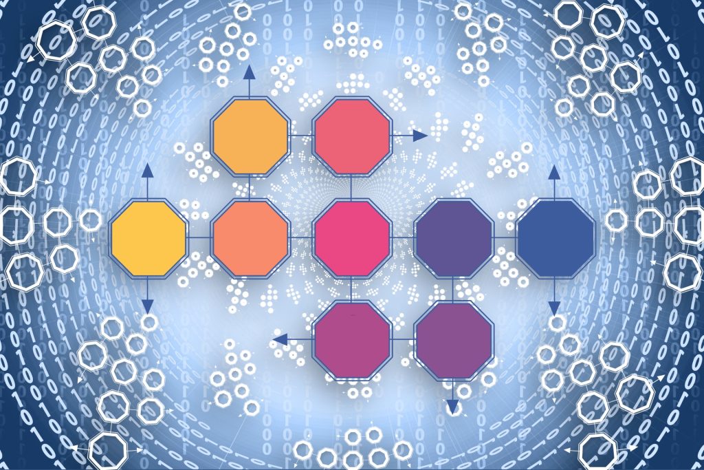 Image of several octagons that are pink, yellow, purple, and blue surrounded by white binary numbers and circles and blue background. 