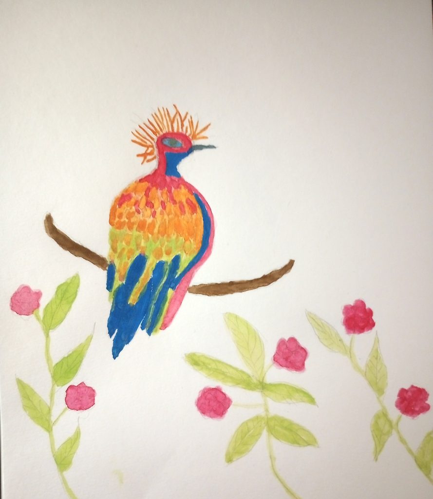 Peacock in yellow, pink, and blue, with a blue headdress. Red flowers on green stems.