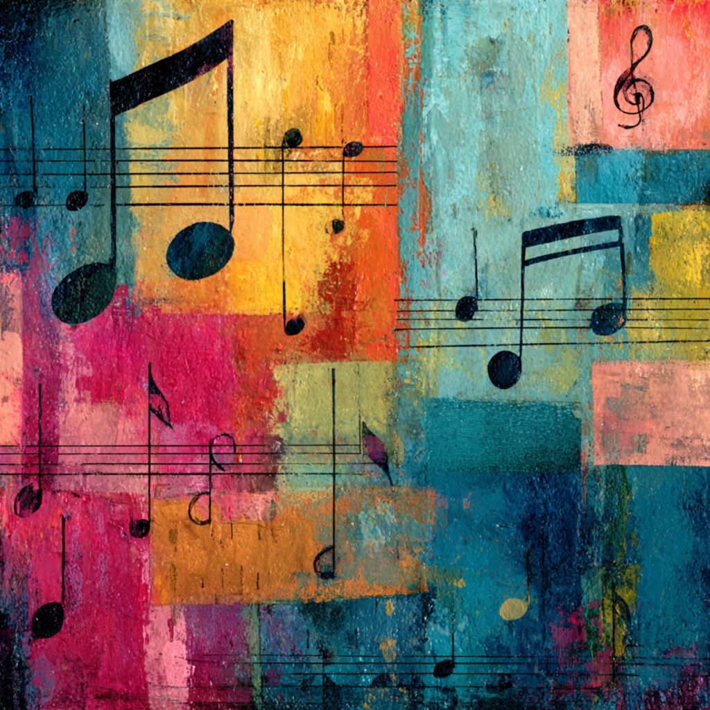Abstract image of various colors, pink, magenta, orange, blue, light blue, yellow, in paint snatches overlaid with black musical notes. 