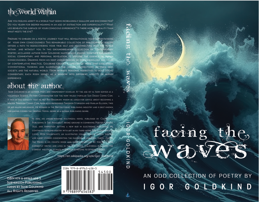Book cover with blue ocean waves rising up in a storm, text in a white stylized serif font, crescent moon.