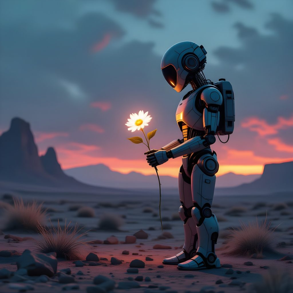 Robot with a full metal body holding a daisy in a rocky desert landscape during a purple sunset or sunrise. 