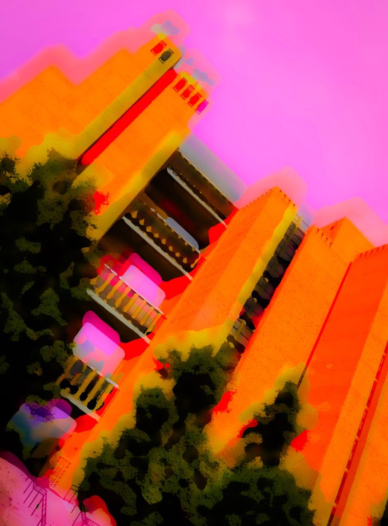 Yellow skyscrapers with trees and a pink sky, digitally altered
