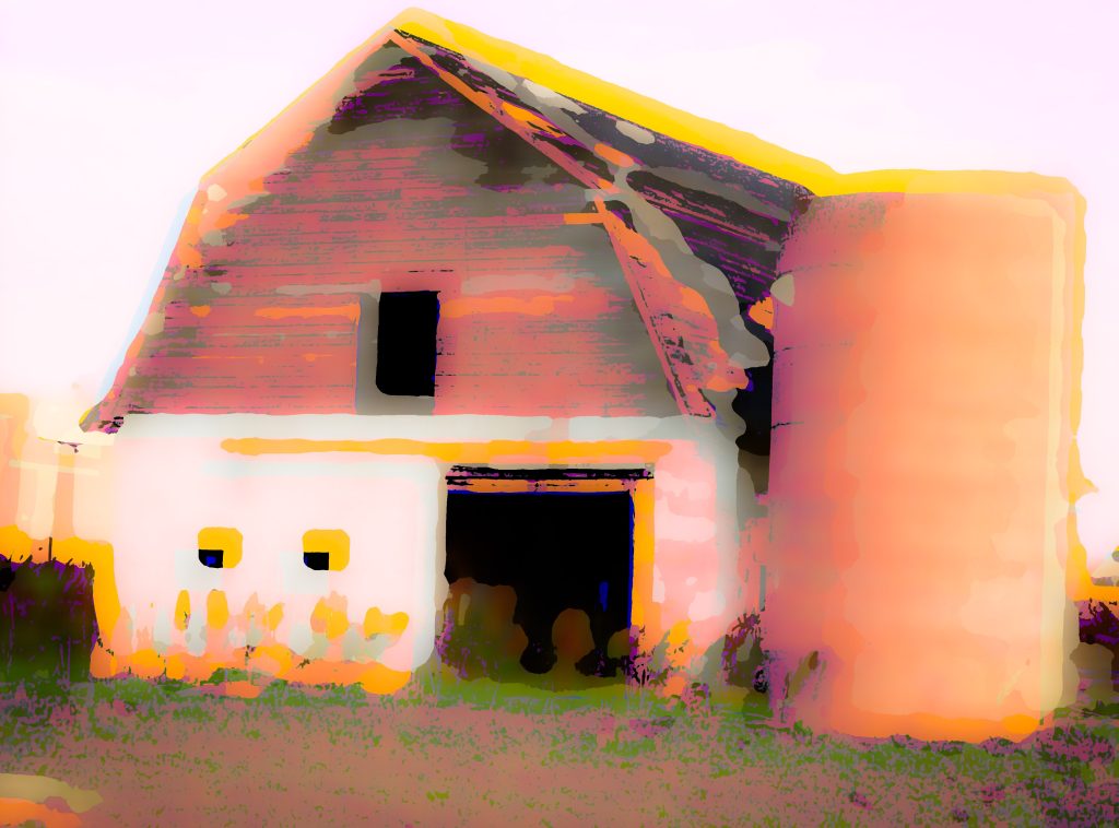 Wooden barn with grain silo, photo faded out for effect