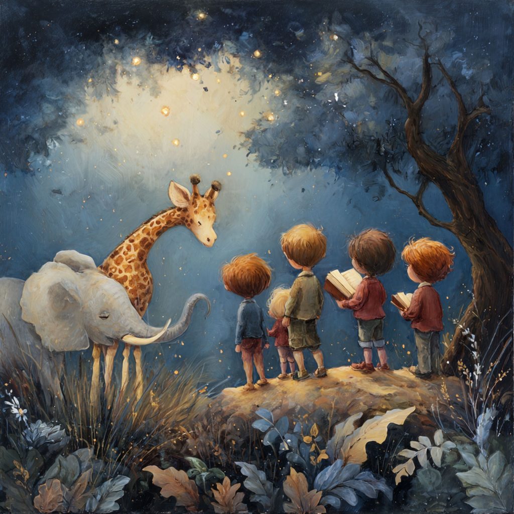 Stylized image of a group of red and blonde and brown haired children standing in a forest reading to an elephant and giraffe.