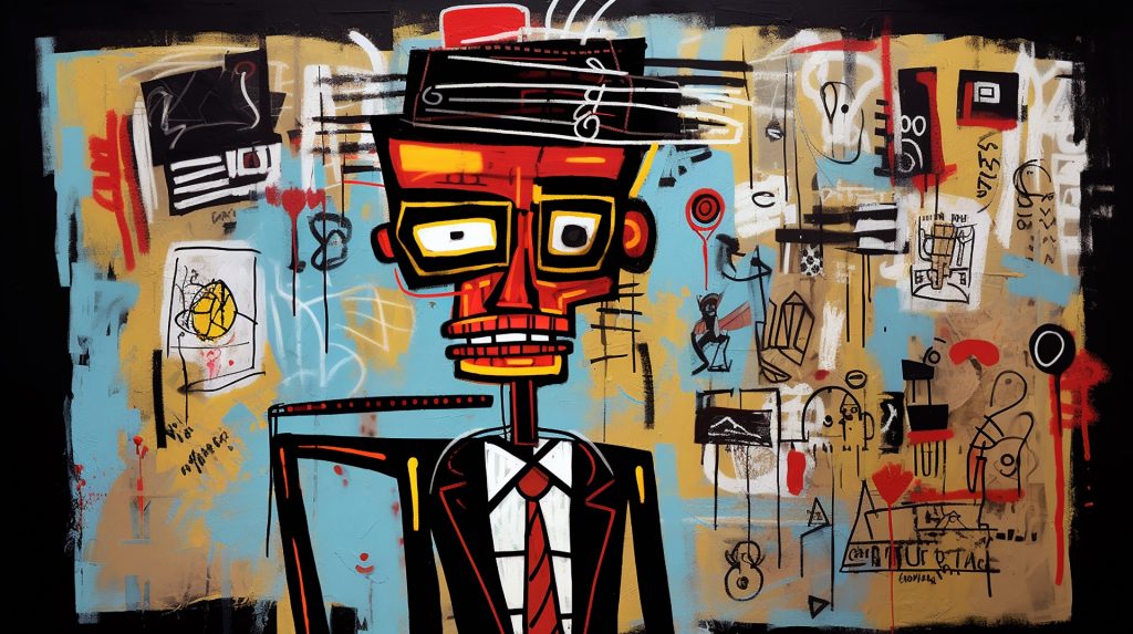 Stylized image of a man with a red head in a black coat and suit with various white, black, red, and brown and blue posters on a wall behind him.