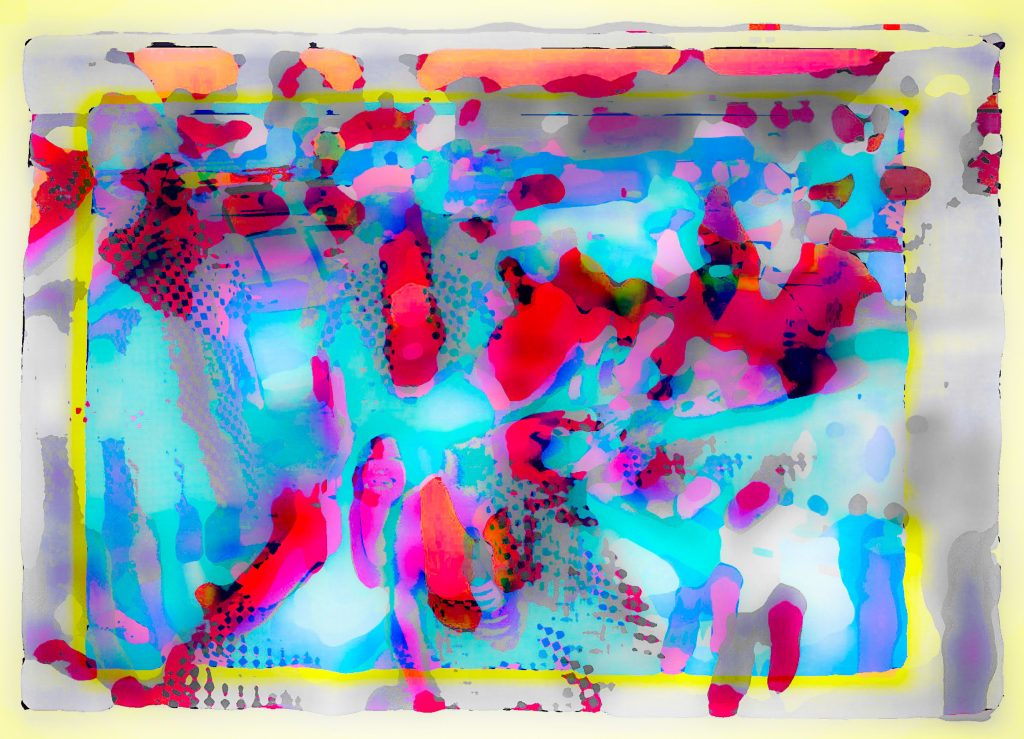 Hazy blue, red, gray and pink. 