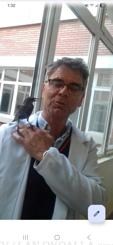 Middle aged Eastern European man with glasses and a white lab coat near a small black bird with long legs and a beak. He's inside near a window with a brick building outside.