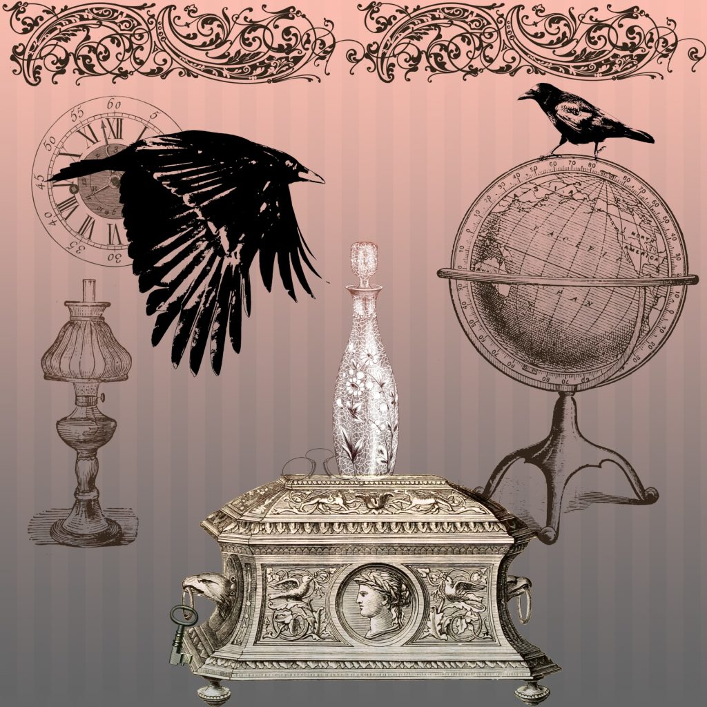 Pink and gray stylized image of crow birds, an old treasure chest and vase, an analog clock and lamp and globe.