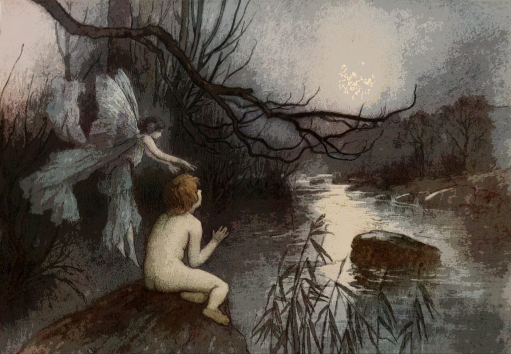 Stylized dreamlike painting of a white winged female fairy touching the brown hair of a naked person. Their back is to us and they're sitting at a dark pond on a misty day. Rocks and tree branches are in the water.