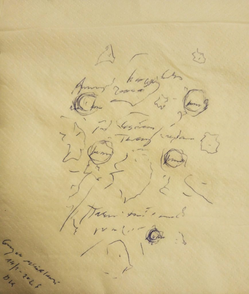 Blue scrawls and circles on a napkin