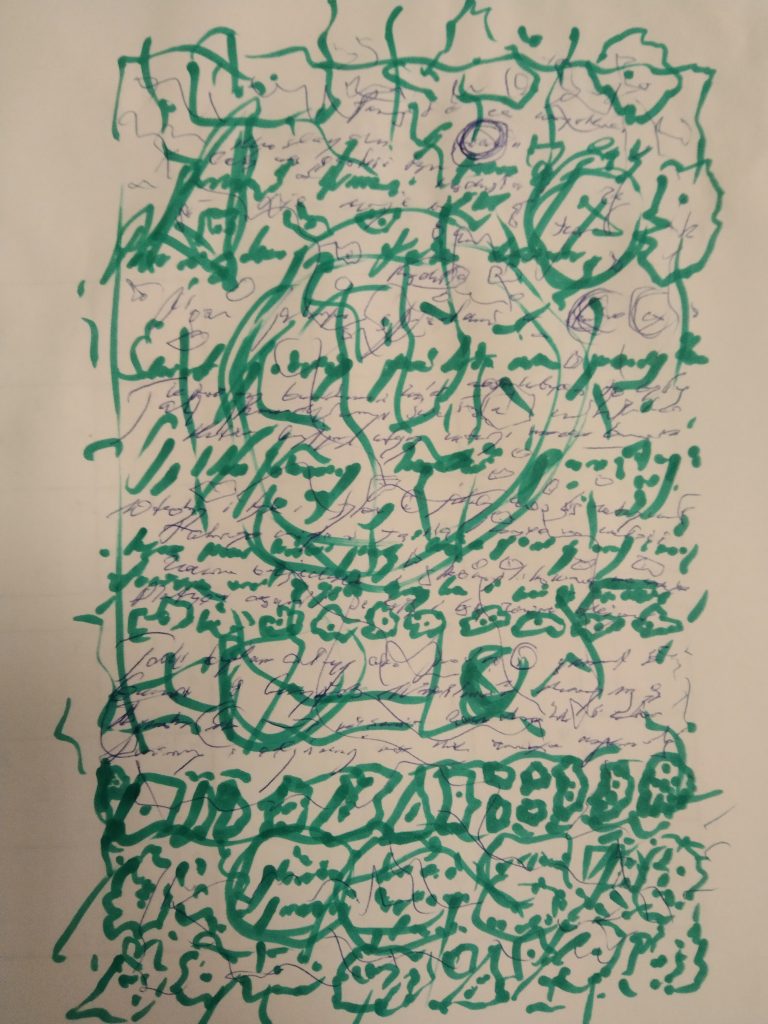Blue ink scrawls on a piece of unlined white paper, green marker scrawls on top.