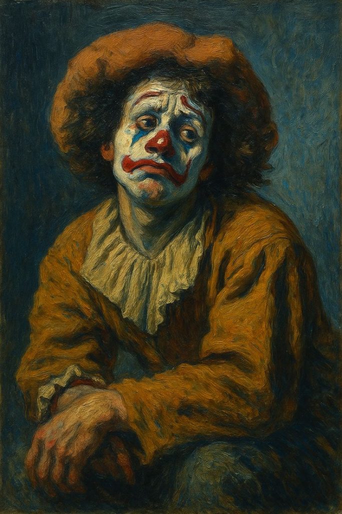 Painting of a clown looking sad and off into the distance. Red and white paint is on his face and he has a sad and wistful expression. He's in a yellow long sleeved top with a ruffle. 