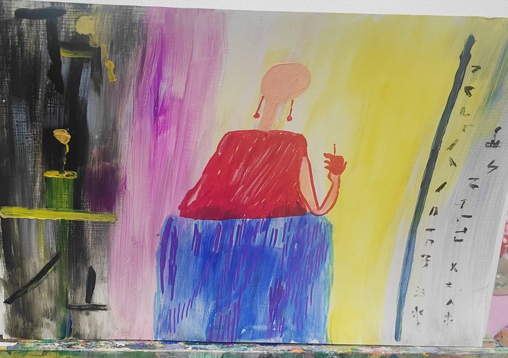 Painting of a large woman in a red top with a blue skirt in a room with a candle. 