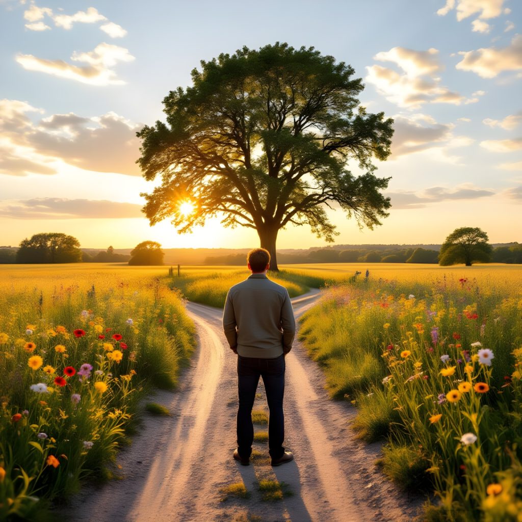 Stylized painting of a man of average height, indeterminate race, walking on a dirt path near a crossroads. Trees, clouds, and blue sky and flowers and grass are along his path. 