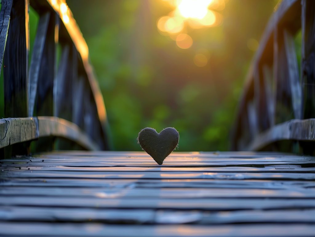 Photo of a heart on a wooden bridge. Sun and green leaves in the background. 