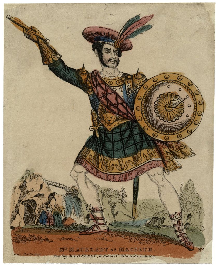 Old stylized drawing of a medieval man in a tunic with a sash and shield and a hat with feathers and striped shoes. Pastel yellow, blue, and white. 