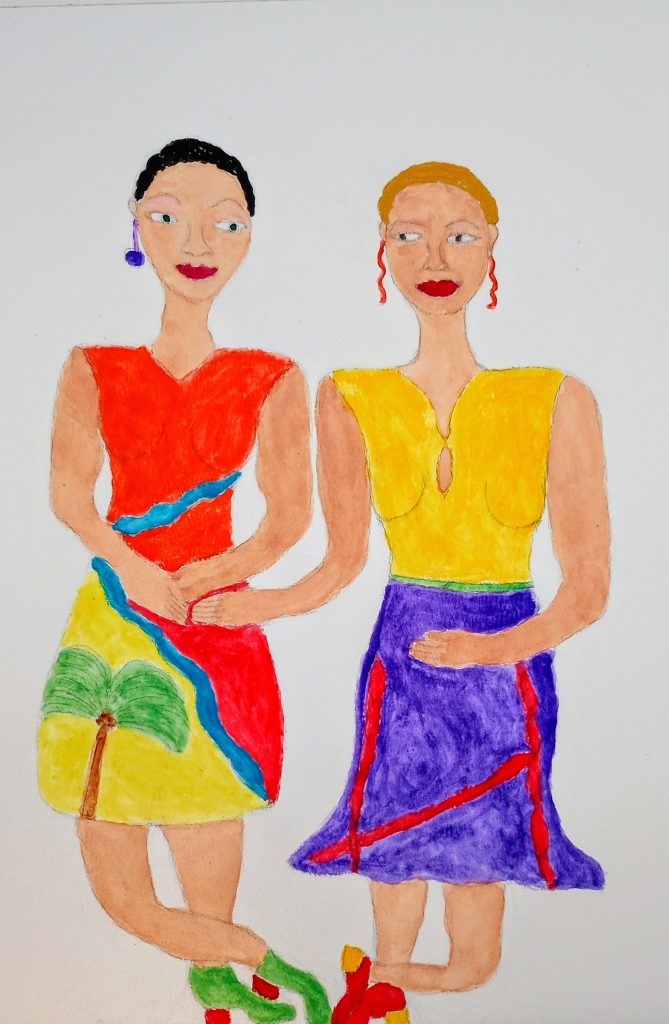 Colorful yellow, red, and purple drawing of two women standing next to each other, one with her hand over the other's stomach. 