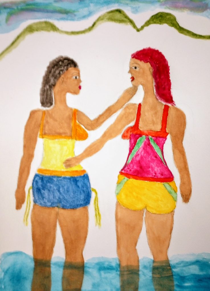 Watercolor of two women facing each other, one with red hair and the other black, in tank tops standing in the ocean.
