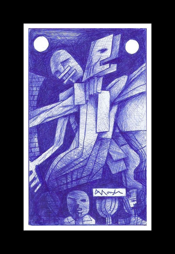Purple colored pencil drawing of two amorphous, robot like figured locked in combat standing upright. Two round circles in white are above them.