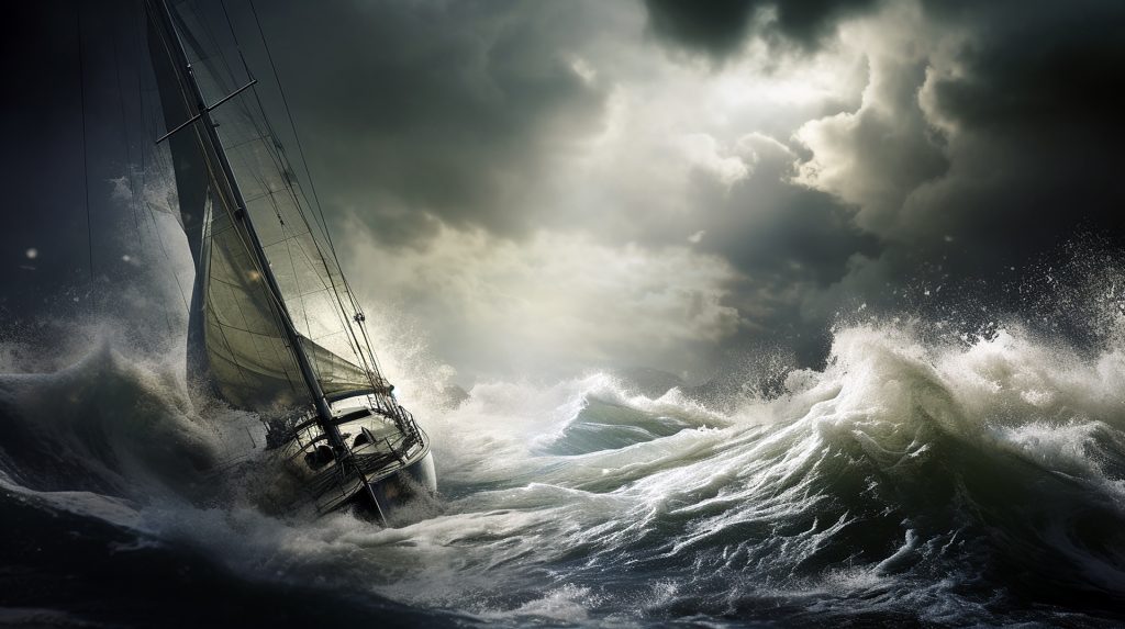 Stylized painting of a ship with big white sails lurching in a storm. Clouds in the sky, big waves. 