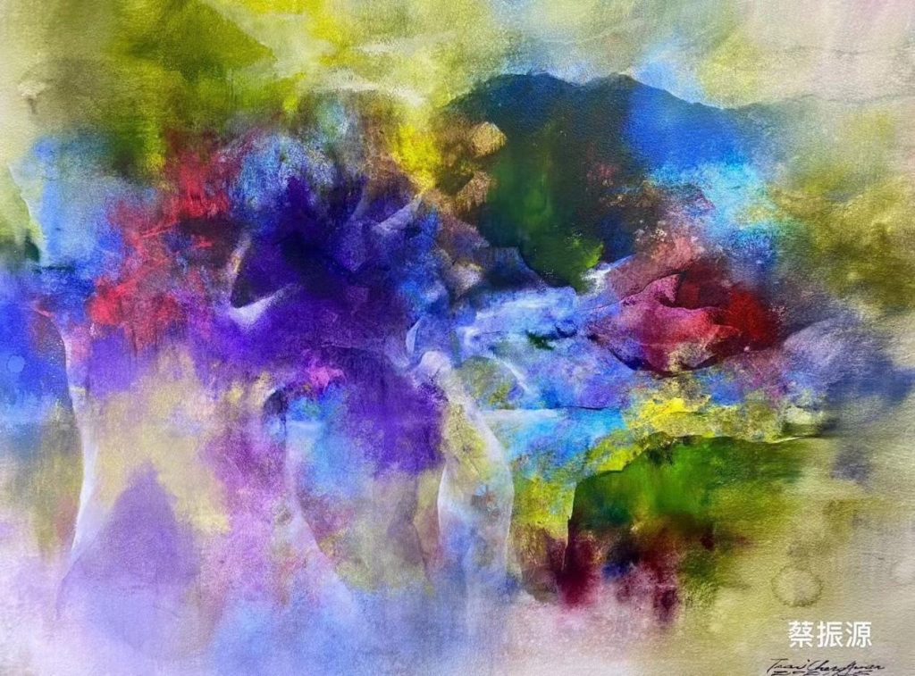 Abstract image of purple, white, blue and green paint.