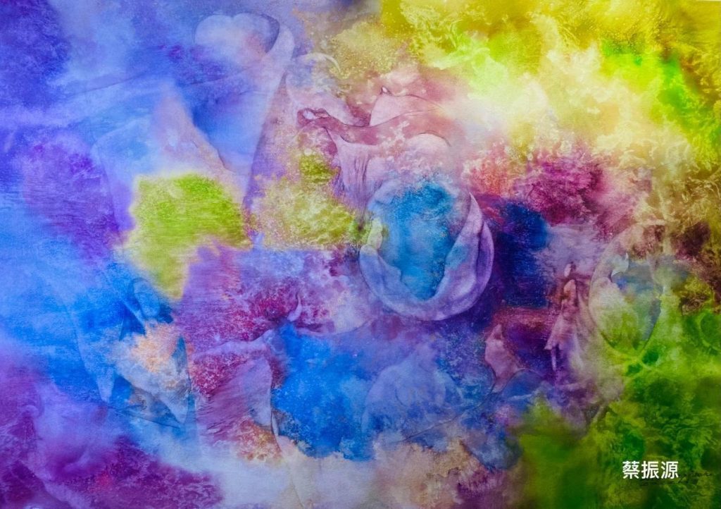 Blue, green, yellow, and purple paint, lighter colors on the right.