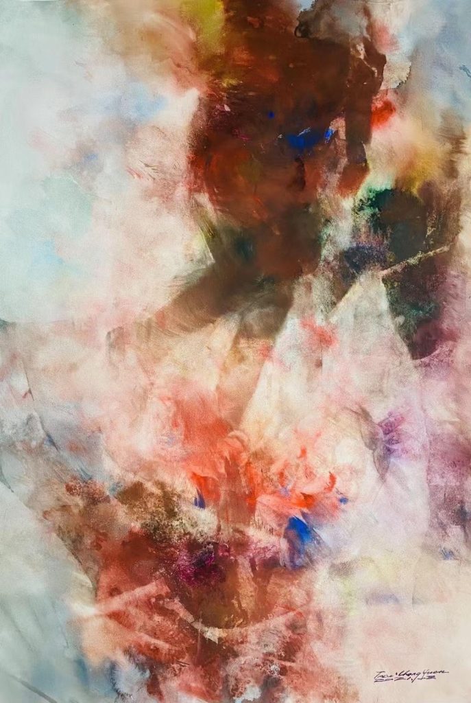 Brown abstract image of a person walking forward with a gray and blue and pink light background.